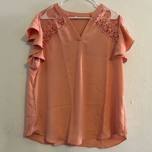 NWOT XL Peach Pink Flutter Sleeve Lace Accent V Neck Blouse